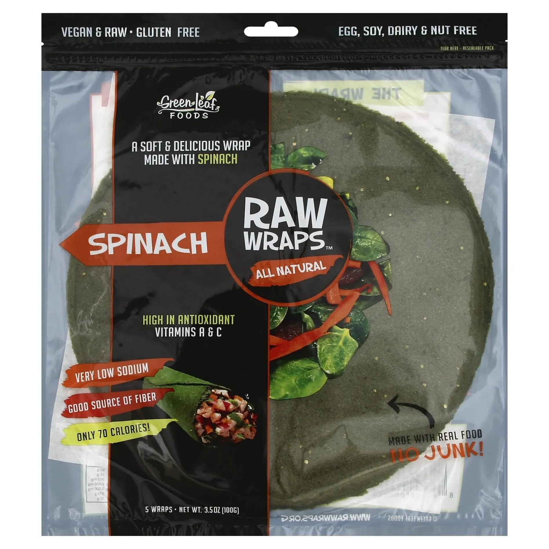 Raw Wraps, Gluten Free, Paleo, Vegan, Keto Friendly Food, Shelf Stable, 5 Wraps per Pack, Vegan, Low Carb Tortilla Wraps, Spinach Flavor