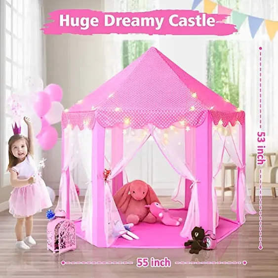 Monobeach Princess Tent Girls Large Playhouse Kids Castle Play Tent with Star Lights Gift Toy for Children Indoor and Outdoor Games, 55'' x 53'' (DxH) (Grey)