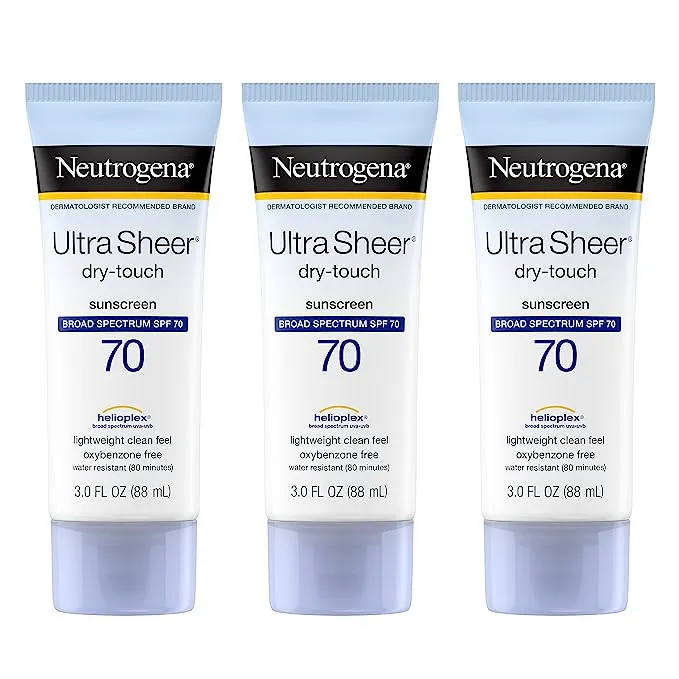 Neutrogena Loción de protección solar ultra transparente al tacto seco, protección SPF 70 UVA/UVB de amplio espectro, ligera, resistente al agua, no comedogénica y no grasosa, tamaño de viaje, 3 onzas líquidas (paquete de 3)