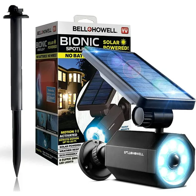 Bell + Howell Bionic Spotlight, 25 ft. Motion Sensor, Solar Sun Panels, Outdoor Lighting- Black