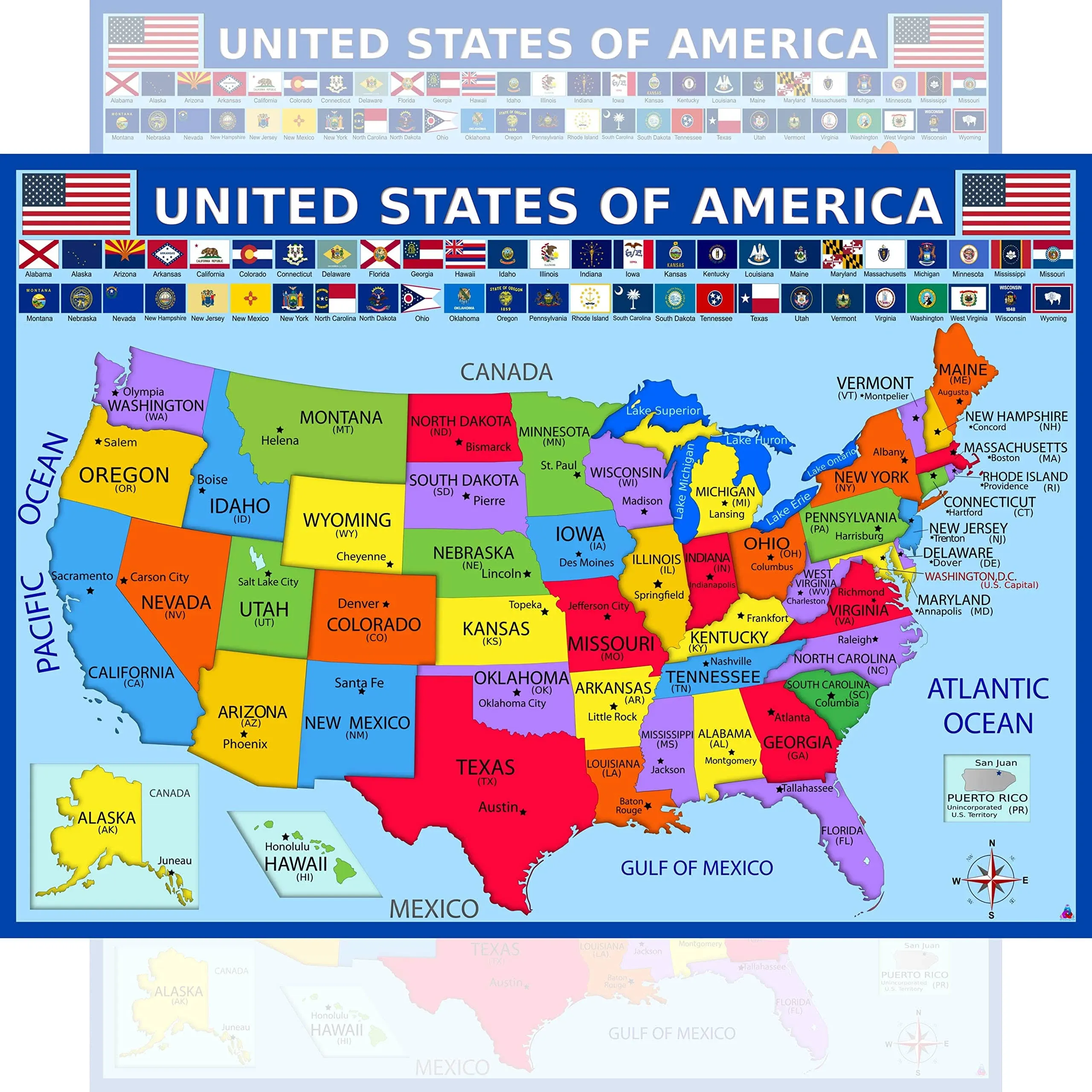 EverDirect United States Map with State Flags Poster - Laminated Educational Poster (14x19.5 in) - USA Map for Kids, Elementary Classroom Decorations, Homeschool, and Teacher Supplies