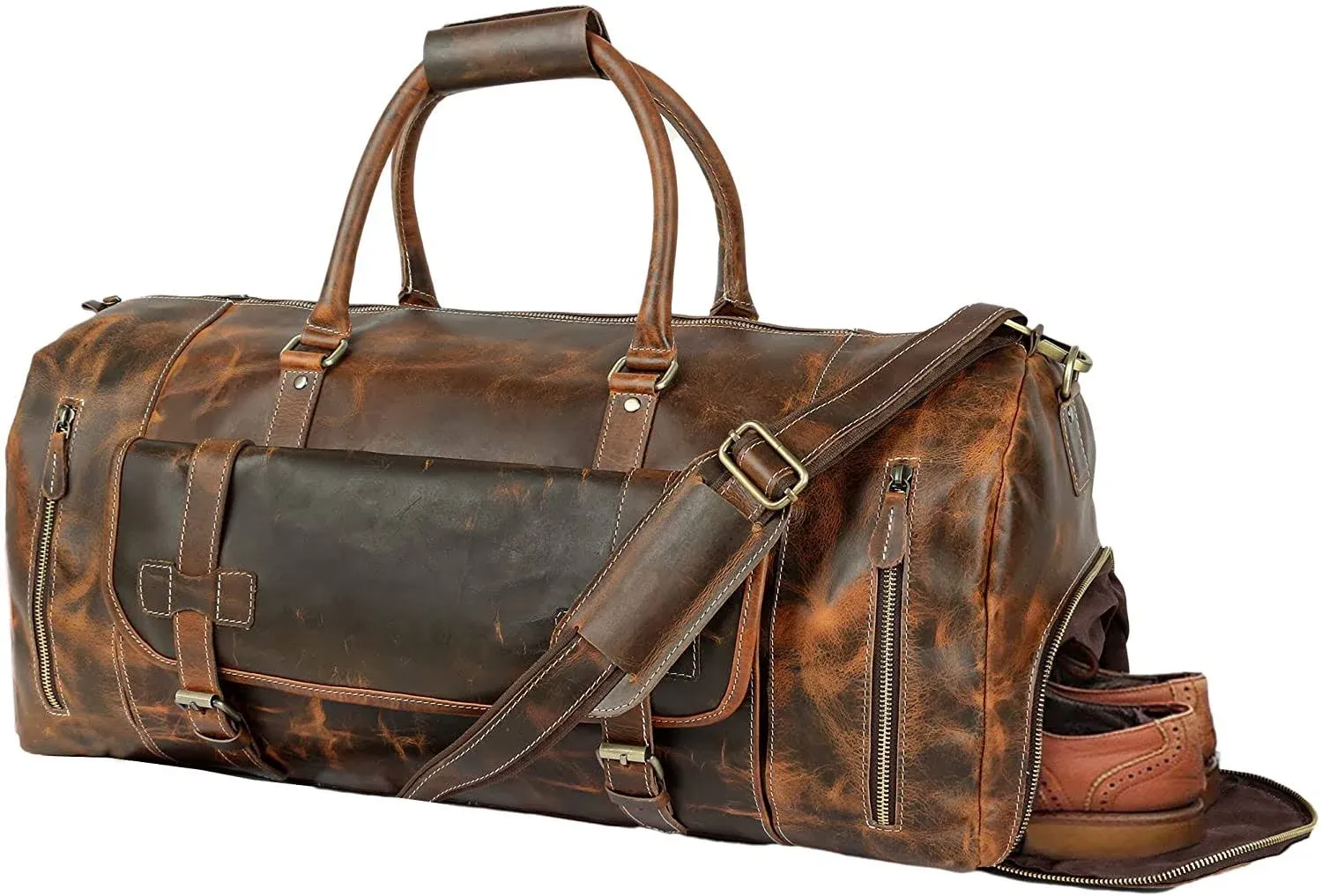 KomalC 28 inch Duffel Bag Travel Sports Overnight Weekend Leather Duffle Bag for Gym Sports Cabin Holdall bag (Distressed Brown)