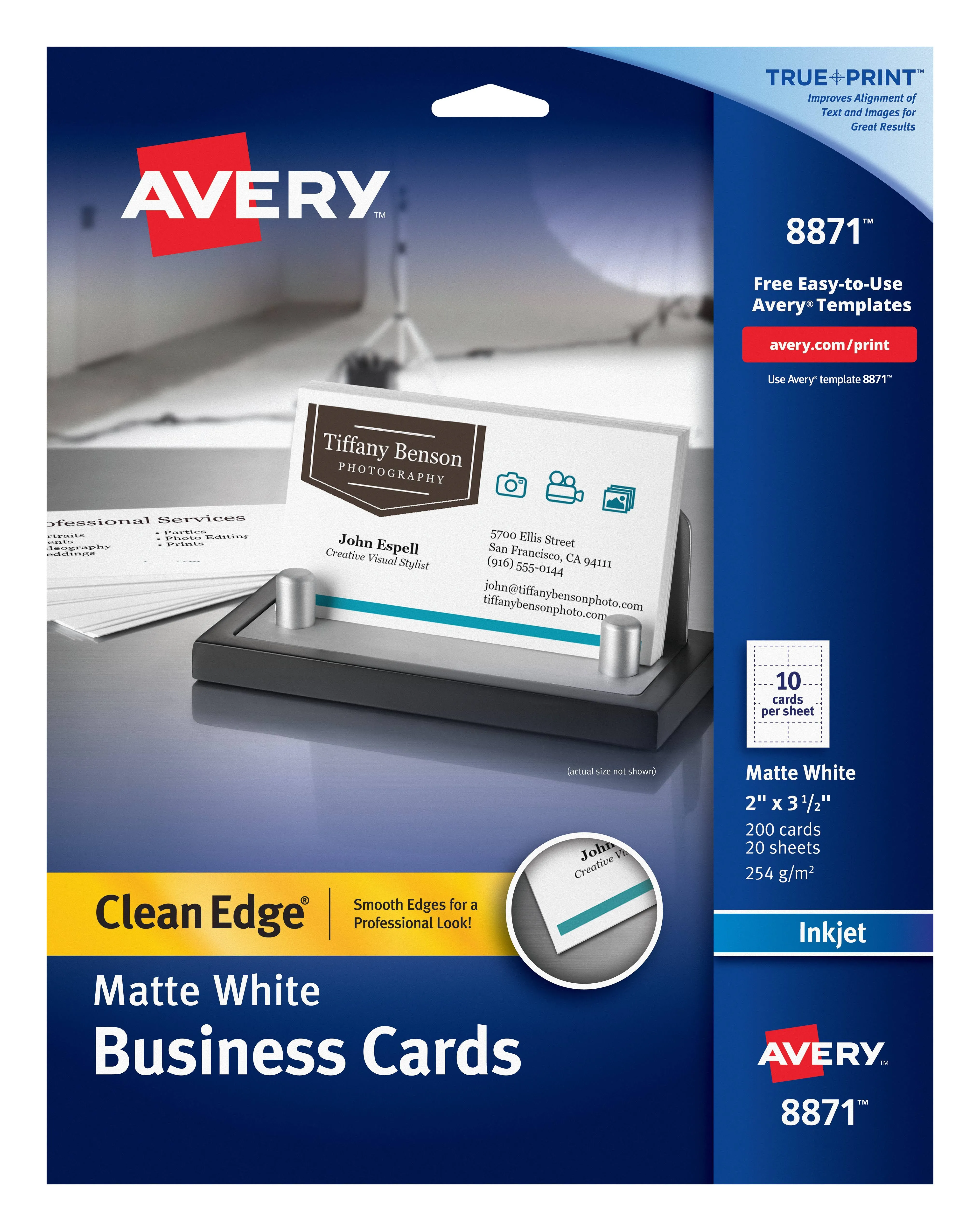 Avery Printable Business Cards, Inkjet Printers, 200 Cards(Pack of 1), 2 x 3.5, Clean Edge, Heavyweight (8871)