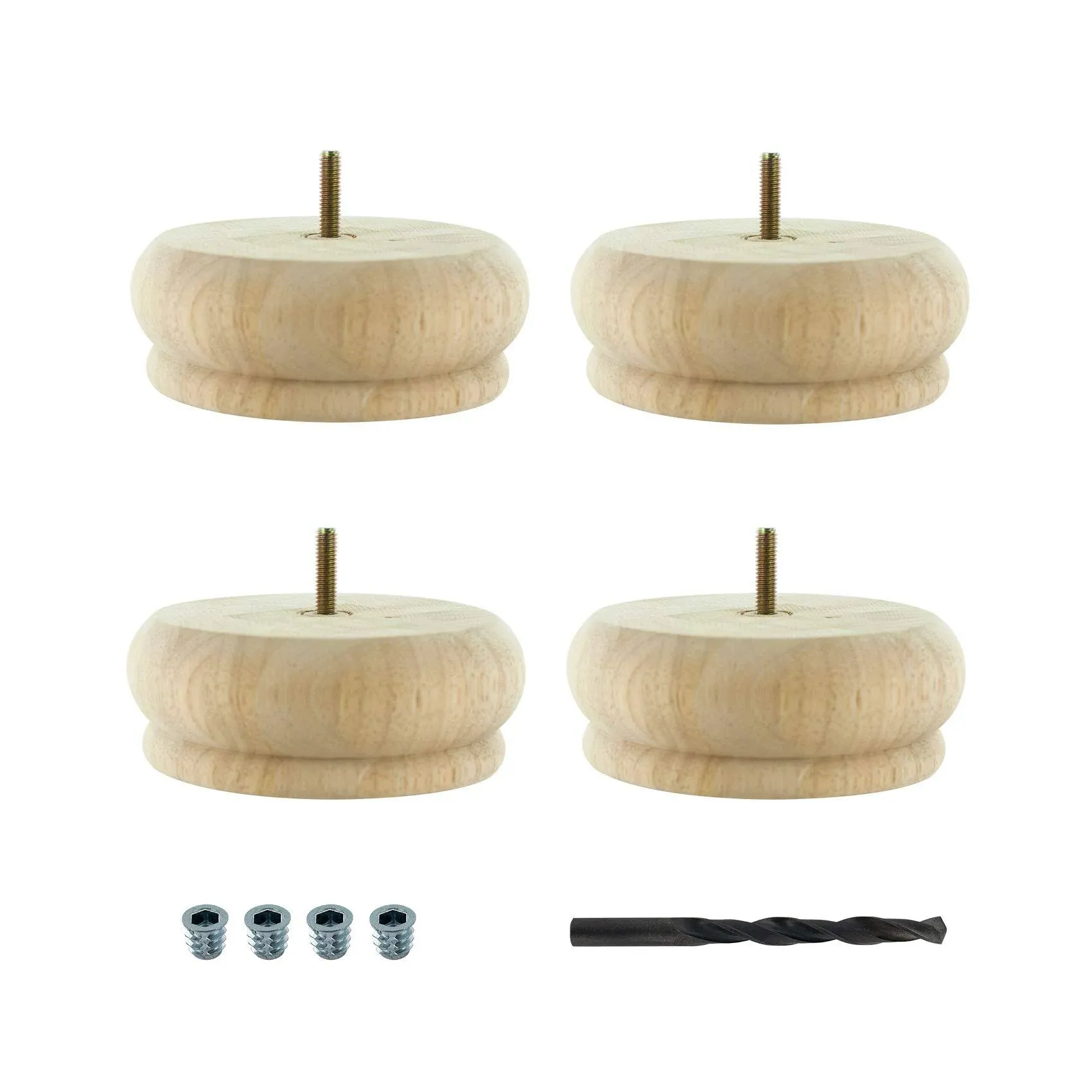 Architectural Products by Outwater BUN31-UN 2 in. x 5-1/2 in. Unfinished Solid Hardwood Round Bun Foot 4 Pack with 4 Free Insert Nuts and Drill Bit