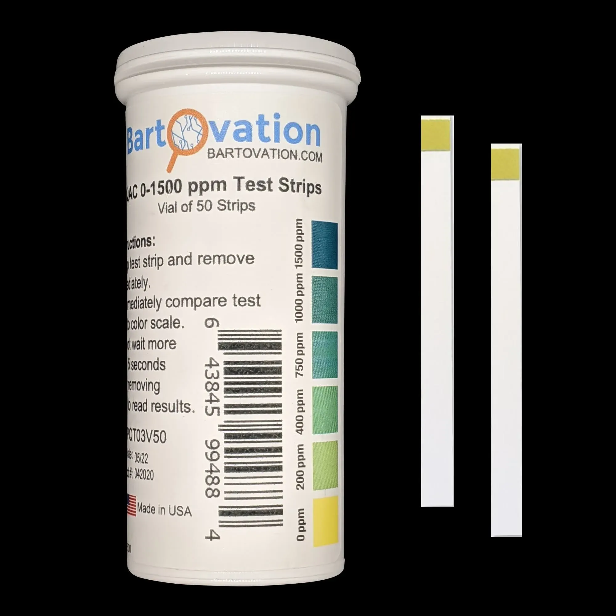 Quaternary Ammonium (QAC, Multi Quat) Sanitizer Test Strips, 0-1500 ppm [Vial of 50 Strips]