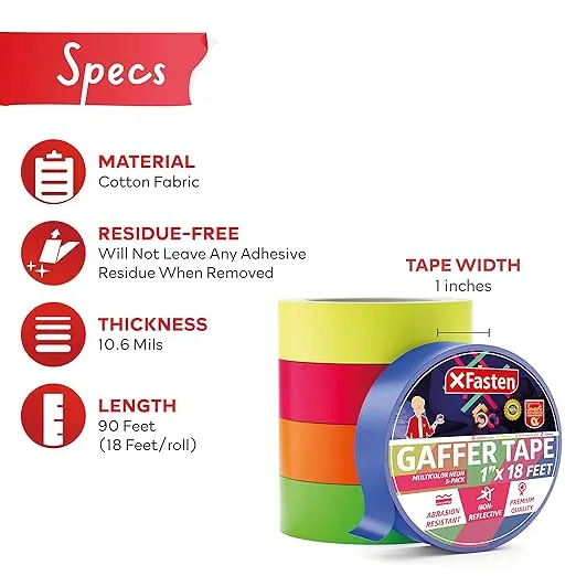 XFasten Multicolor Neon Gaffer Tape, 1-inch X 18-feet Multipurpose Gaffers Ta...