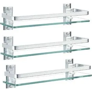 AIJALY 3 Pack Bathroom Glass Shelf ,Aluminum Tempered Glass 0.34in Extra Thick Rectangular 1 Tier Storage Organizer Wall Moun