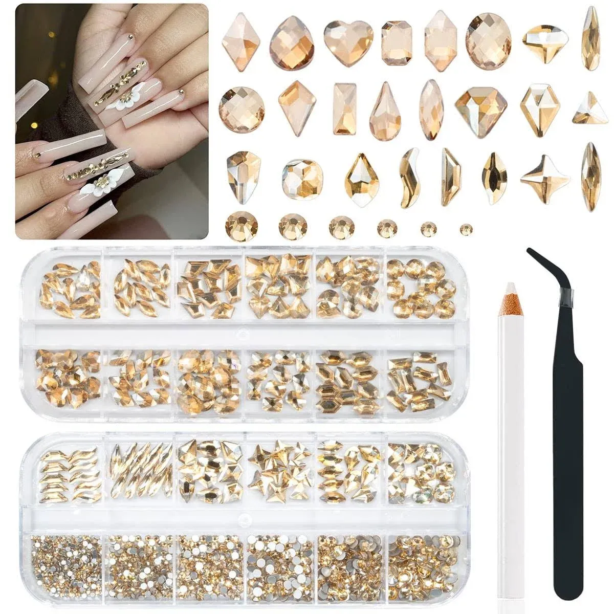 qiipii 1420Pcs Champagne Gold Nail Rhinestones 180 Multi Shapes Flatback Crystals ...