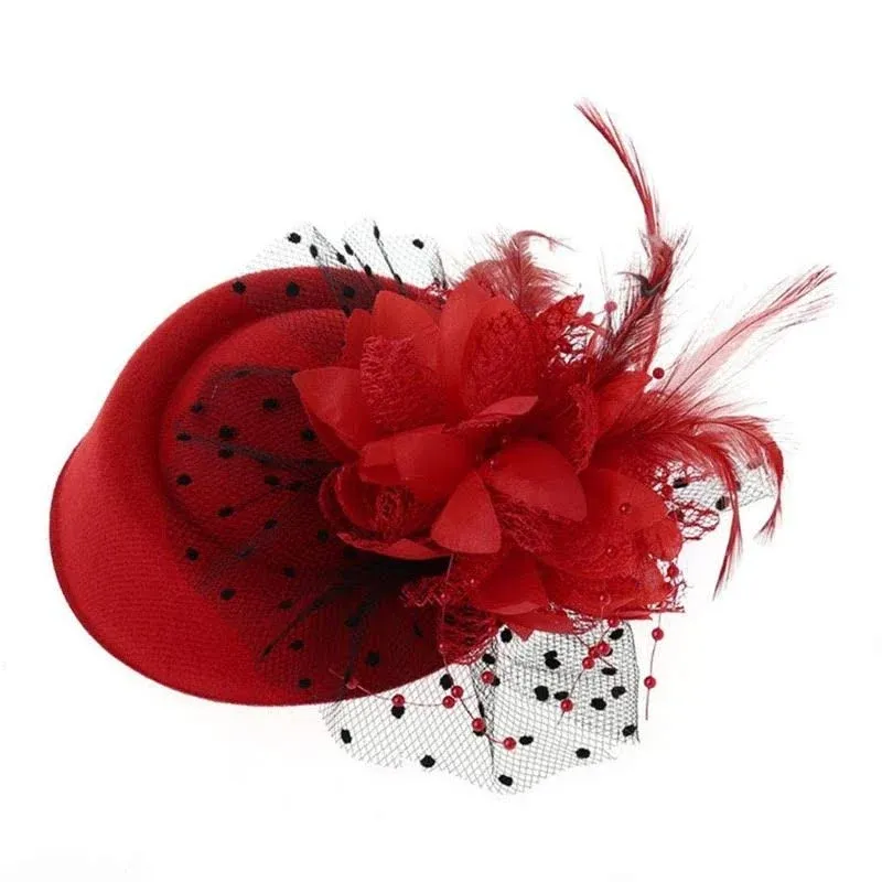 Acenail Vintage Fascinators Hats 50s Flower Feather Dress Hat Tea Party Cocktail Veil Pillbox Headwear with Clips for Women (Red)