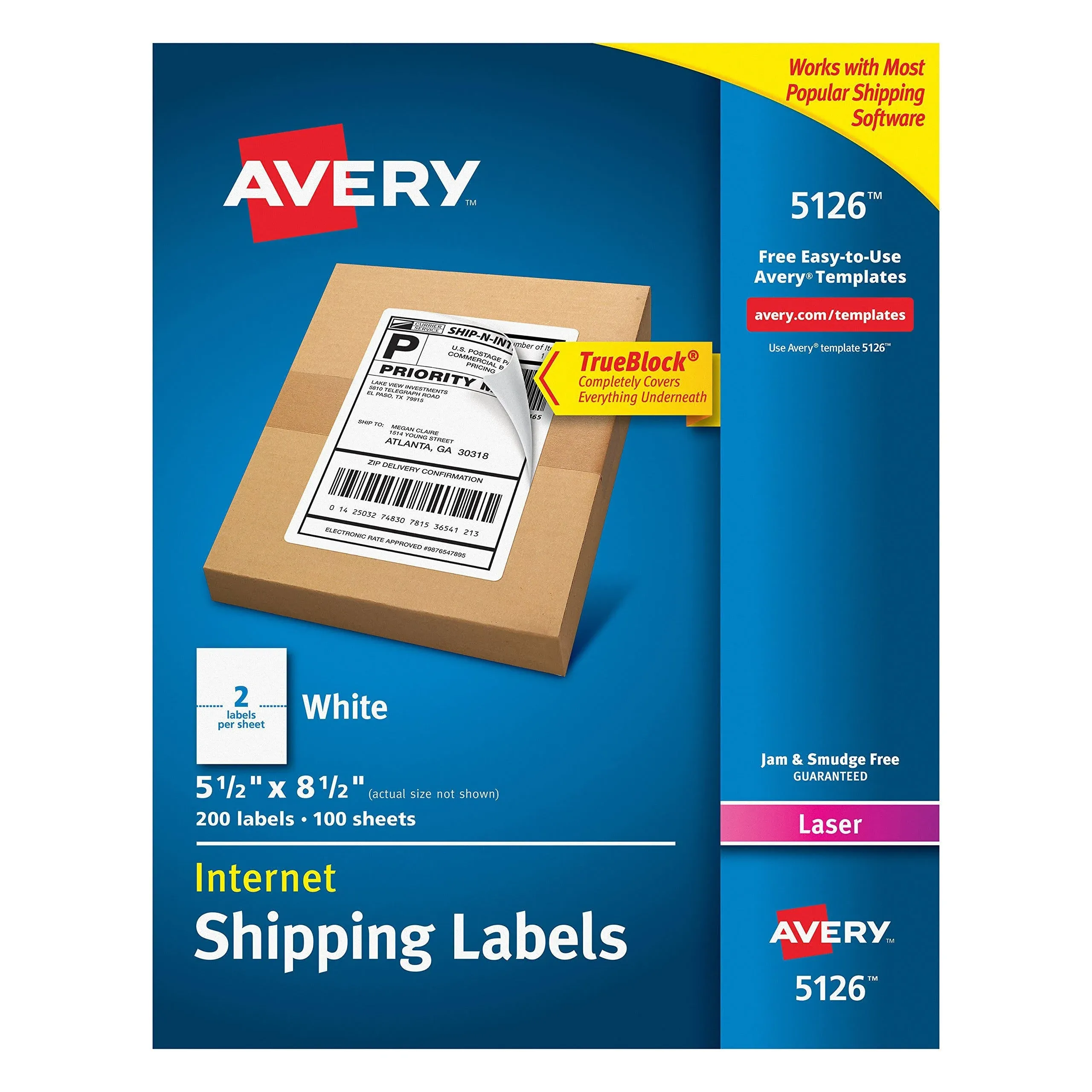 Avery Shipping Labels w/Ultrahold Ad & TrueBlock, Laser, 200pk White