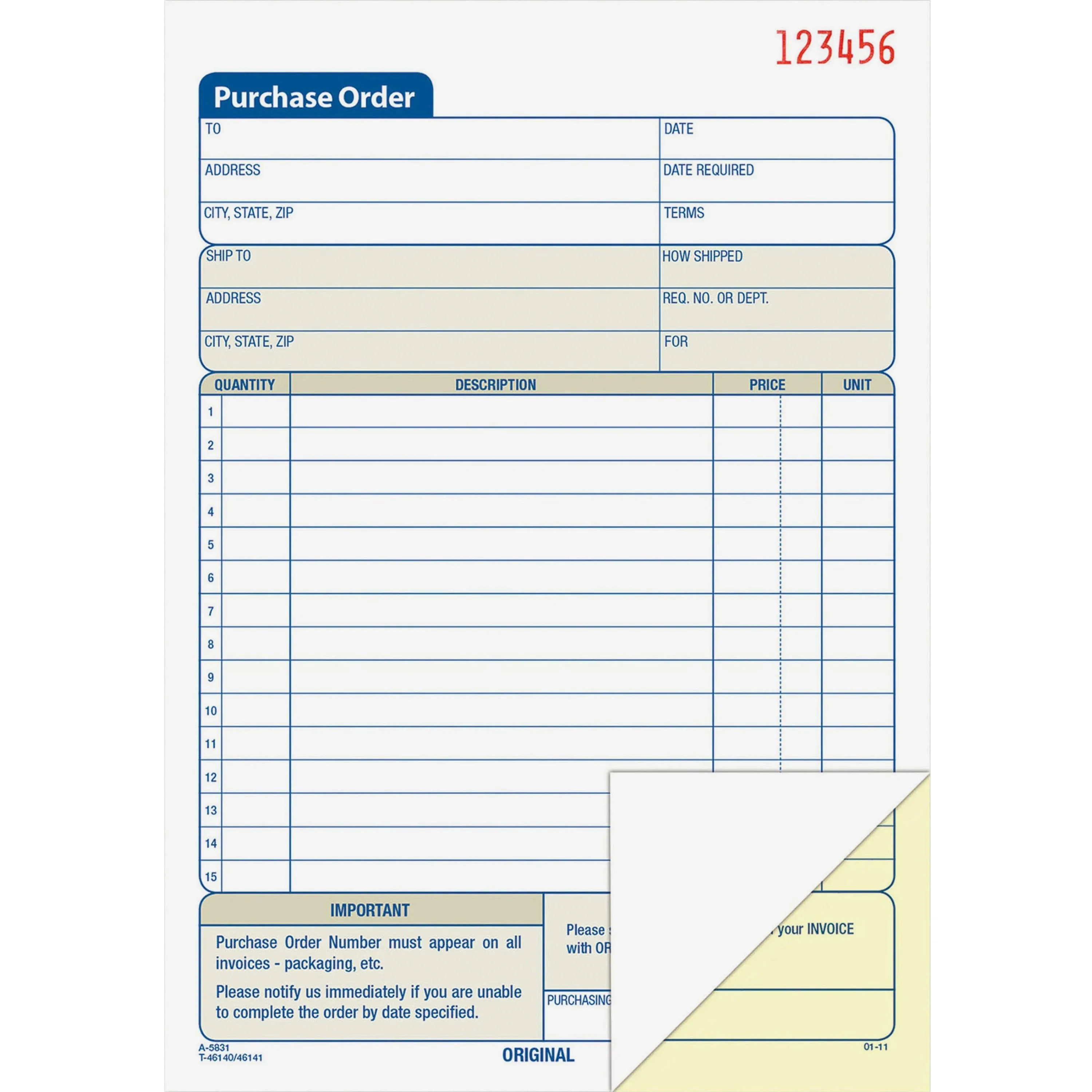 Adams Purchase Order Book, 2-Part Carbonless, White/Canary, 5-9/16 x 8-7/16 Inches, 50 Sets (DC5831)