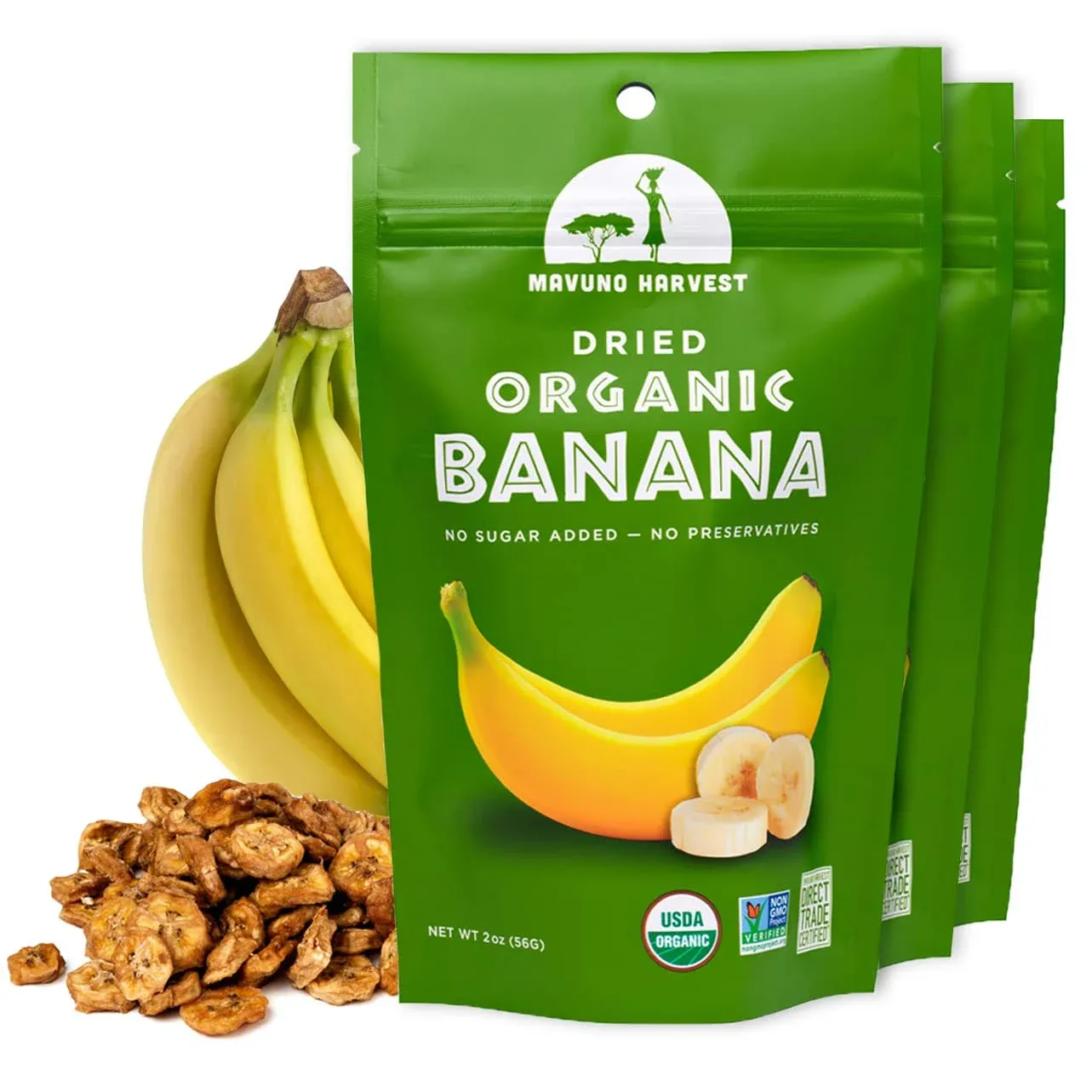 Mavuno Harvest Dried Banana Chips Fruit Snacks | Organic Dried Banana | Healthy Snacks for Kids & Adults | Unsweetened Banana Chips | Gluten Free Snack | Vegan, Non GMO, Direct Trade | 2 Oz, Pack of 3