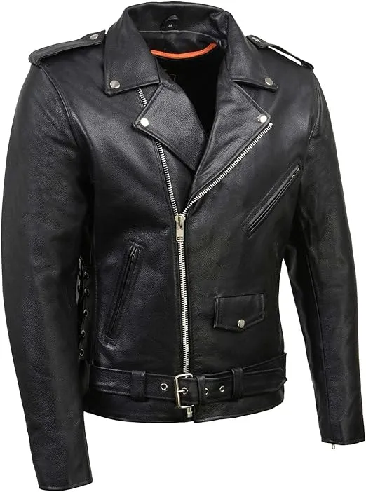 Chamarra Leather King clasica de hombres, de cuero, estilo clásico, tira lateral, estilo policía de moto