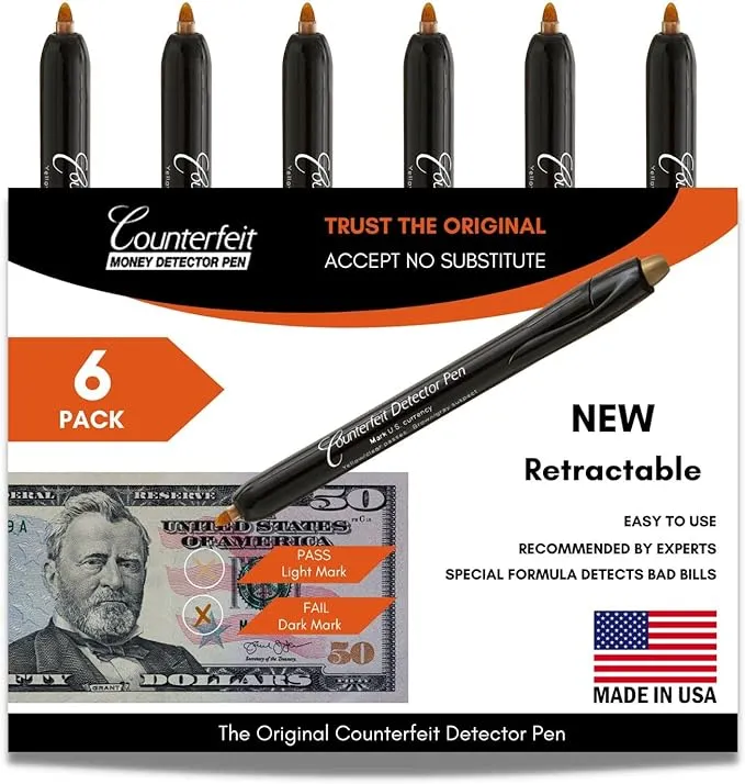 Dri Mark CFDRet6Pk Counterfeit Bill Detector Retractable Marker Pen, Made in The ...