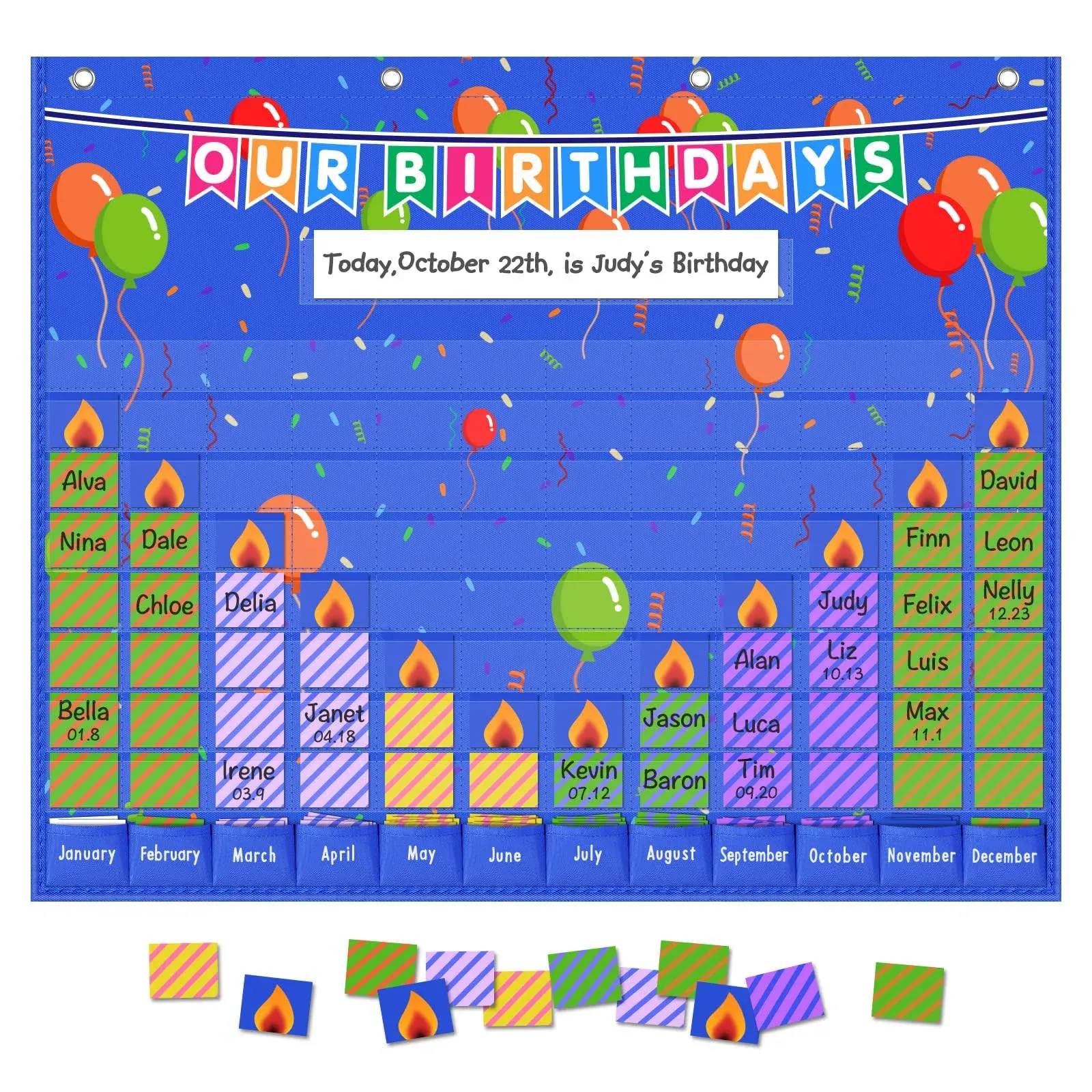  Happy Birthday Pocket Chart, Blue Birthday Graph Bulletin Board for Classroom 