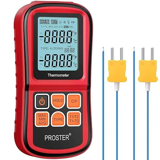 Proster Digital Thermometer Dual Channel Thermocouple Thermometer with Two K- type Thermocouples Temperature Meter Gauge with LED Backlight for K/J/T/E/R/S/N Thermocouple