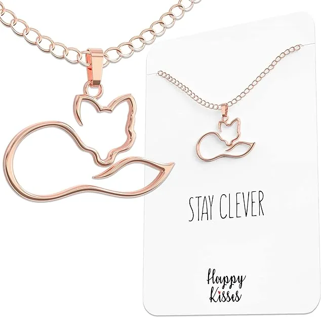 Happy Kisses Fox Necklace - Stay Clever Message Pendant - Cute Charm Gift for Any ...