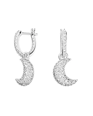 Rhodium-plated Pave Moon Charm Hoop Earrings In Silver