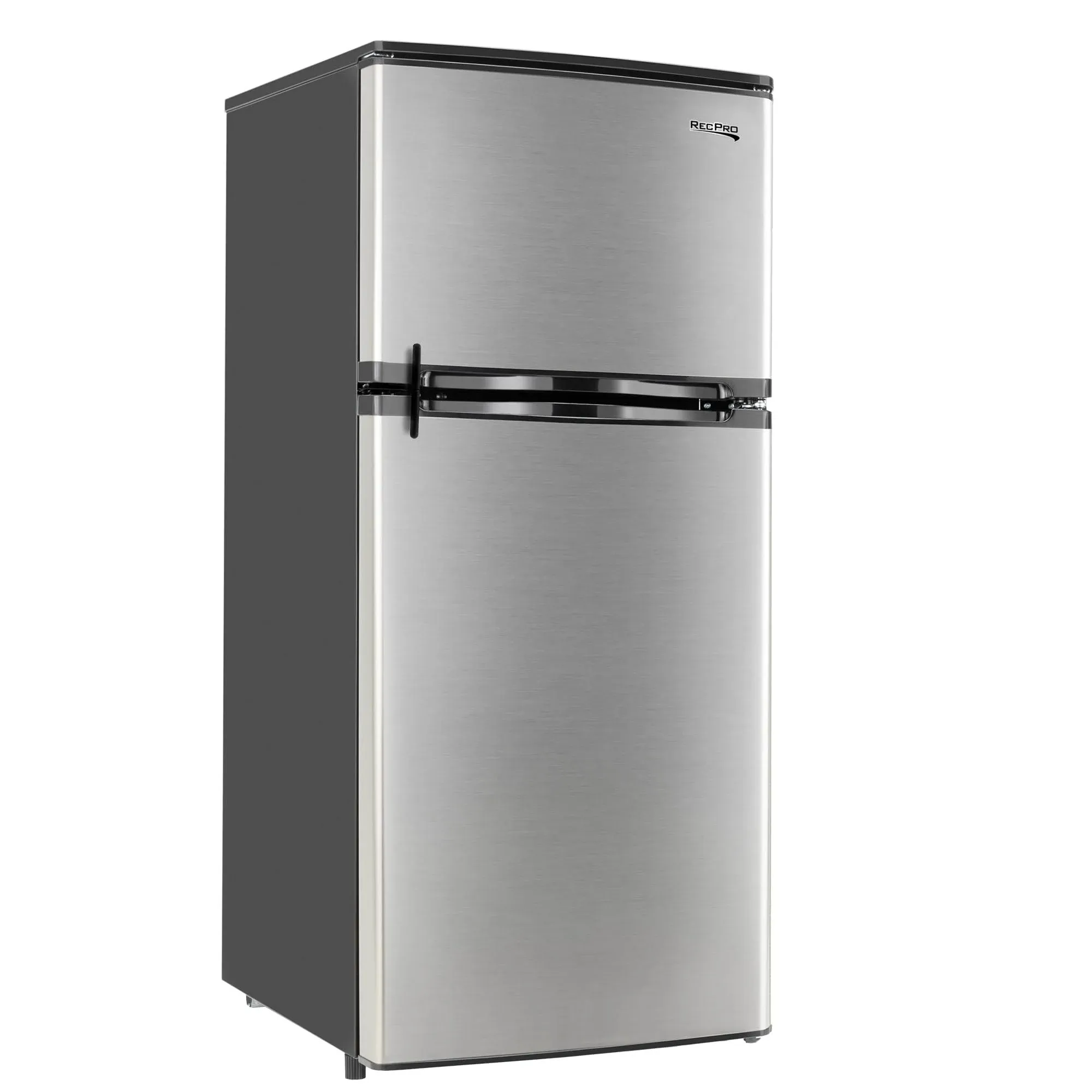 RecPro RV Refrigerator Stainless Steel | 12V | 2 Door Fridge | Frost Free Design | Reversible Doors | 4.4 Cubic Feet