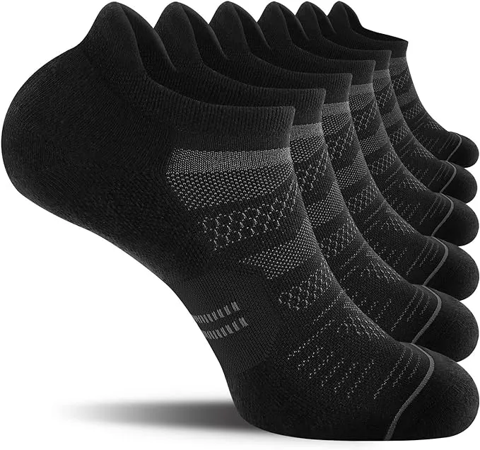 CELERSPORT 6 Pack Men's Running Ankle Socks with Cushion, Low Cut Athletic Sport Tab Socks, Black, Shoe Size: 9-12