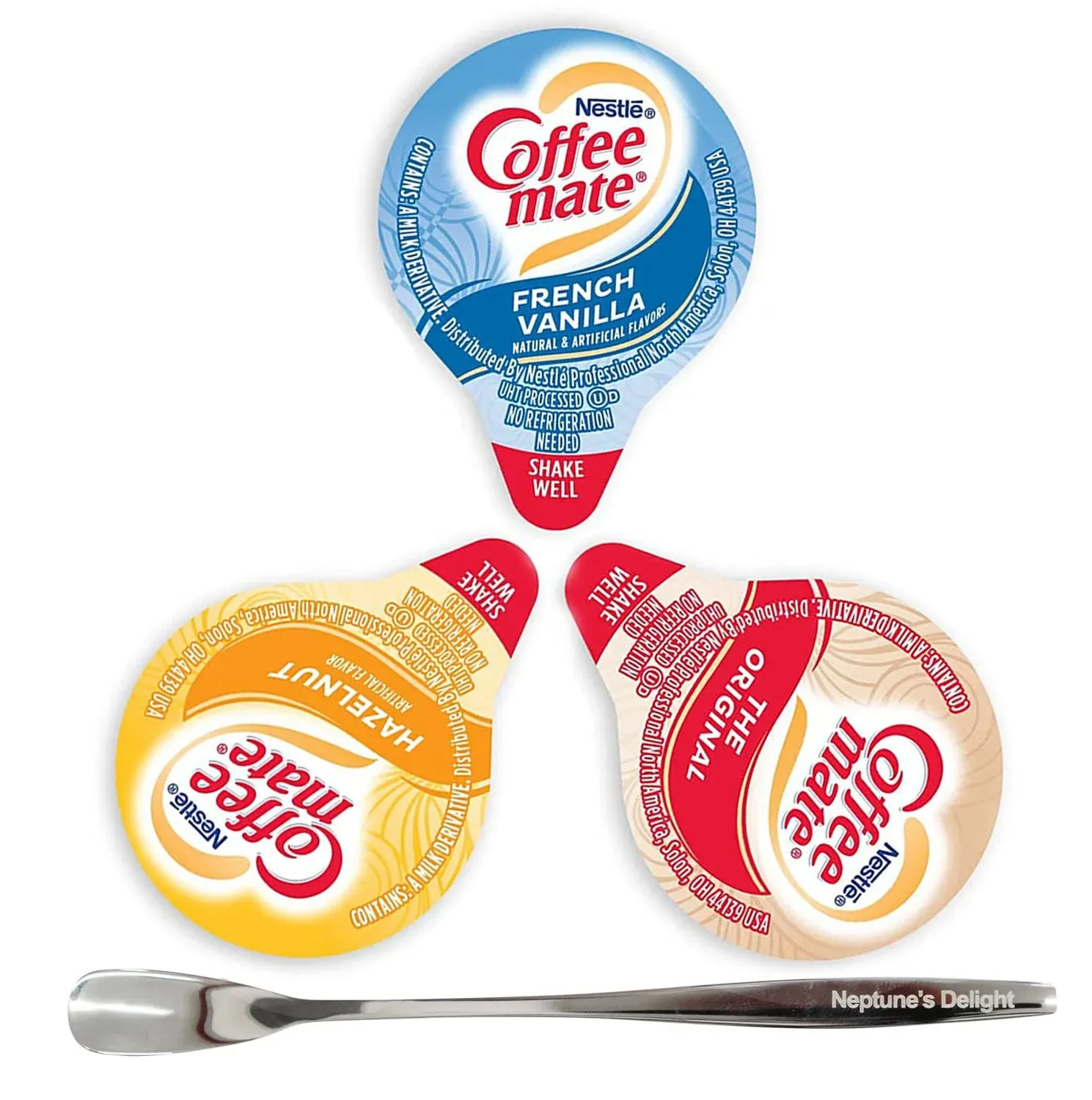 Coffee mate Liquid Creamer Singles Variety Pack, 180ct, 3 Flavors x 60 Each, Original, French Vanilla, Hazelnut with Neptune's Delight Stainless Steel Stirrer