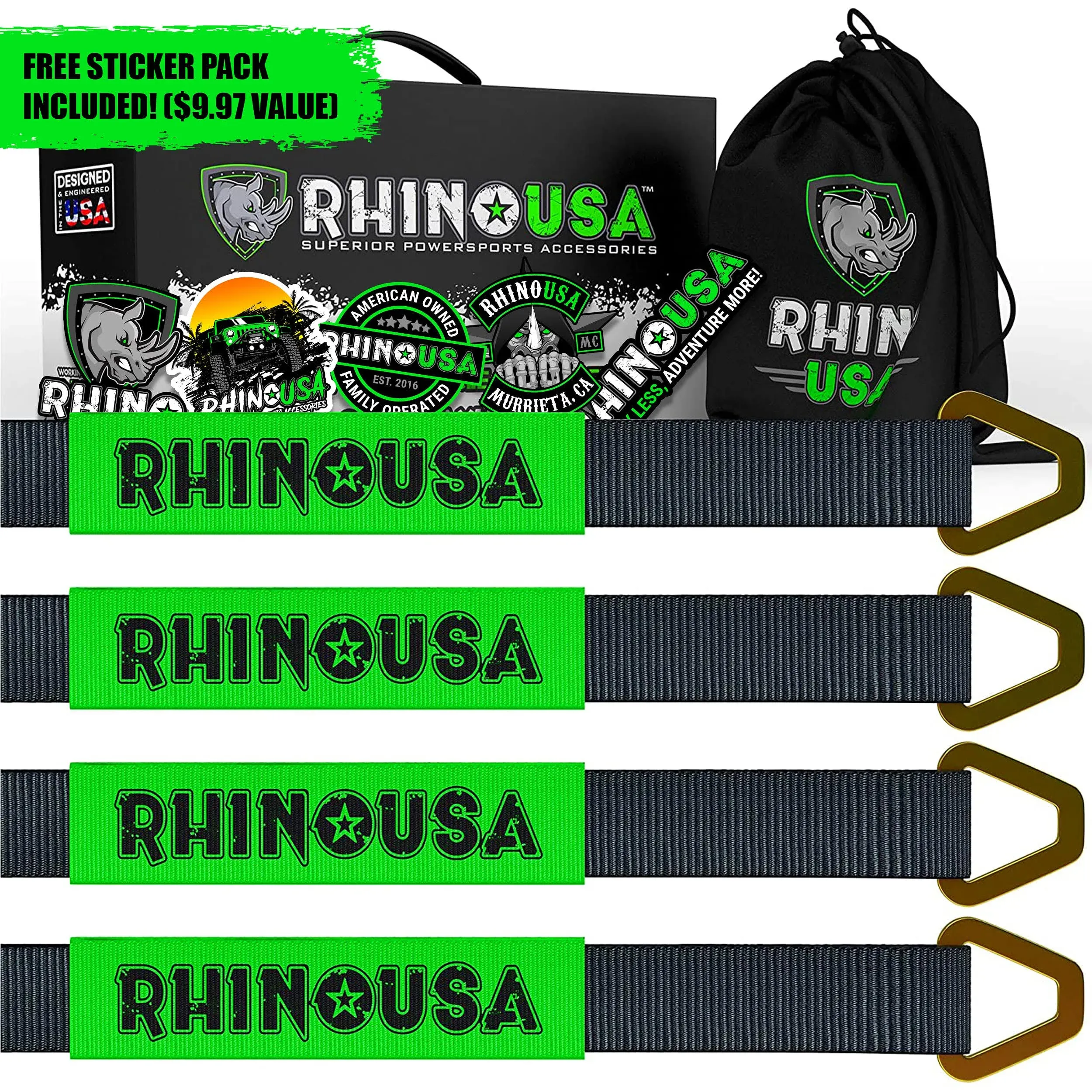 Rhino USA Axle Tie Down Straps - Lab Inspected 11,128lb. Break Strength - Heavy Duty Protective Sleeves & D Rings to Ensure Peace of Mind - Used for Car Engine Hoist, Truck, Trailer, UTV (4-Pack Set)