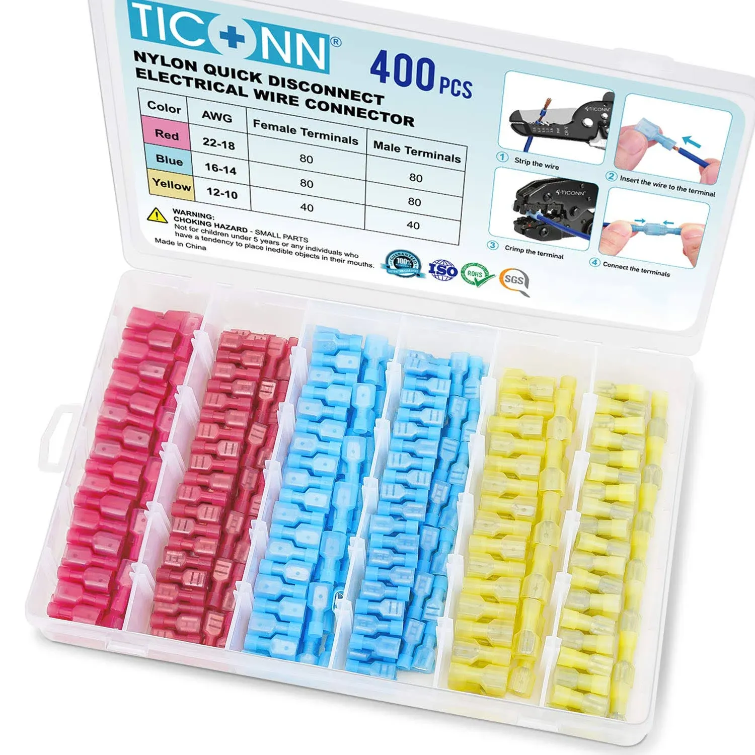 TICONN 400 Pcs Nylon Spade Quick Disconnect Connectors Kit, Electrical Insulated Terminals, male and Female Spade Wire Crimp Terminal Assortment Kit