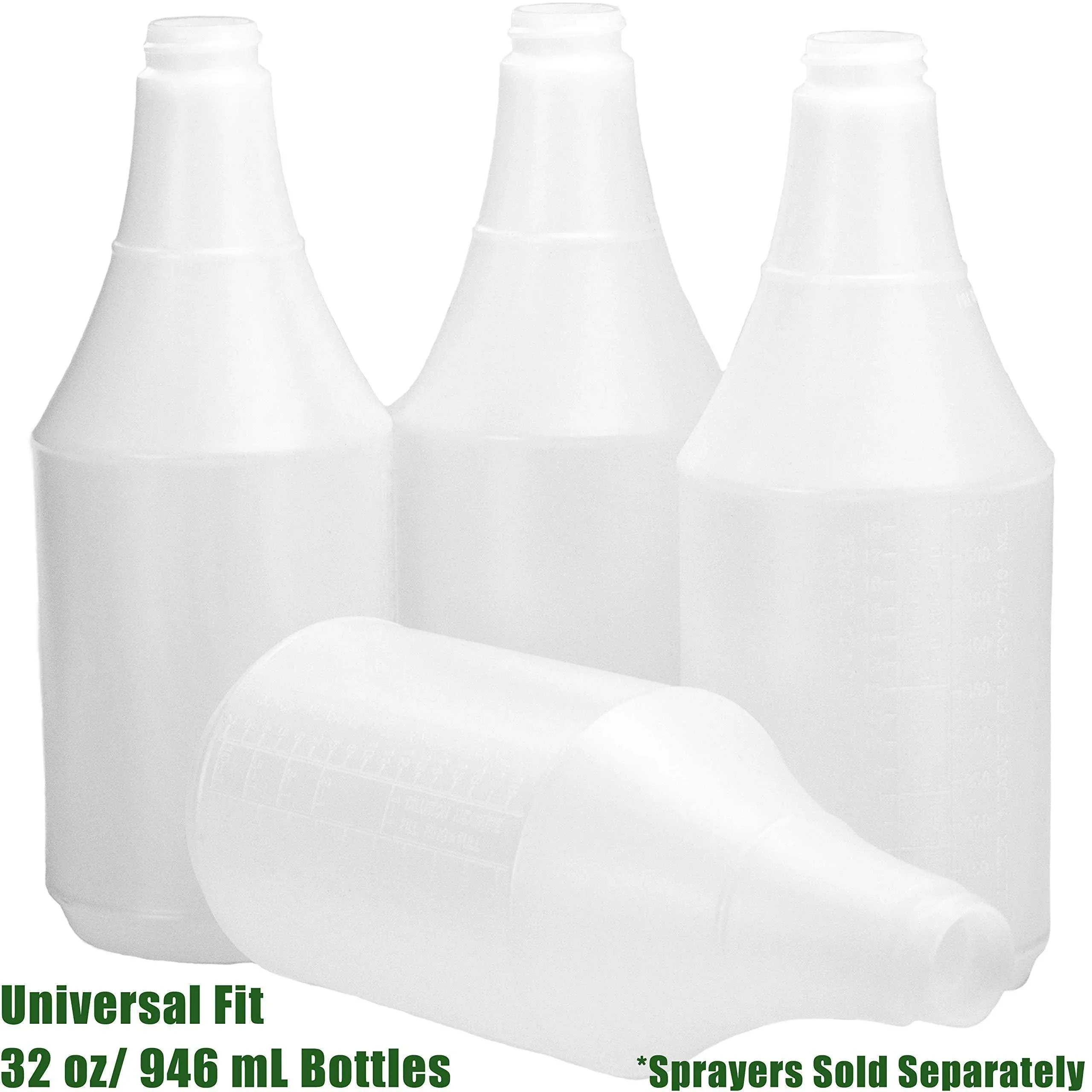 Commercial-Grade Chemical Resistant 32 oz Bottles ONLY 4 Pack Embossed Scale For Measuring. Pair With Industrial Spray Heads For Auto/Car Detailing, Janitorial Cleaning Supply or Lawn Care.