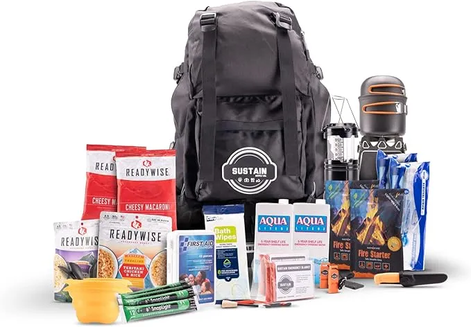 Sustain Supply Emergency Survival Kit & Backpack, 2 Person, 72 Hours, Disaster Preparedness Go-Bag for Earthquake, Fire, Flood, Hurricane & Shelter-in-Place Including Food, Water, Blankets, First Aid