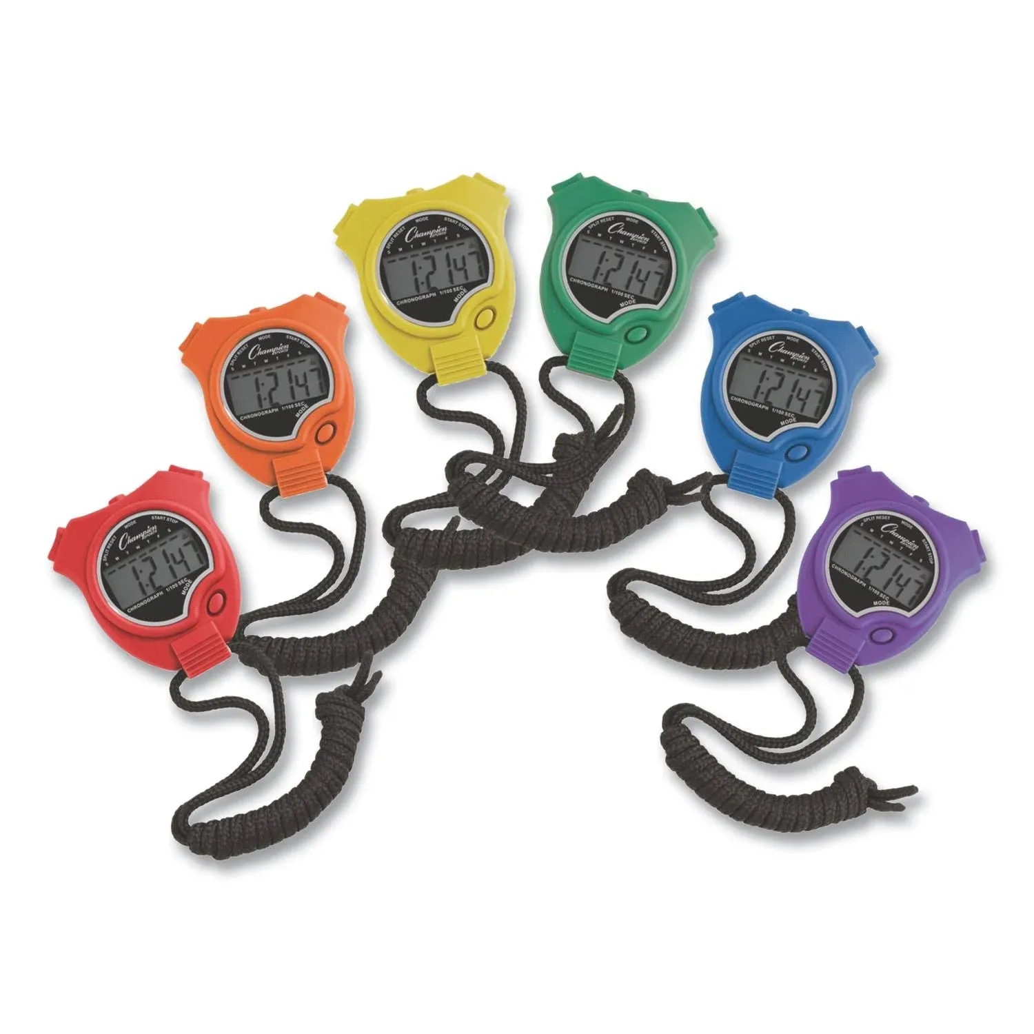 Champion Sports Stopwatch Timer Set: Waterproof, Handheld Digital Clock Sport Stopwatches with Large Display for Kids or Coach - Bright Colored 6 Pack