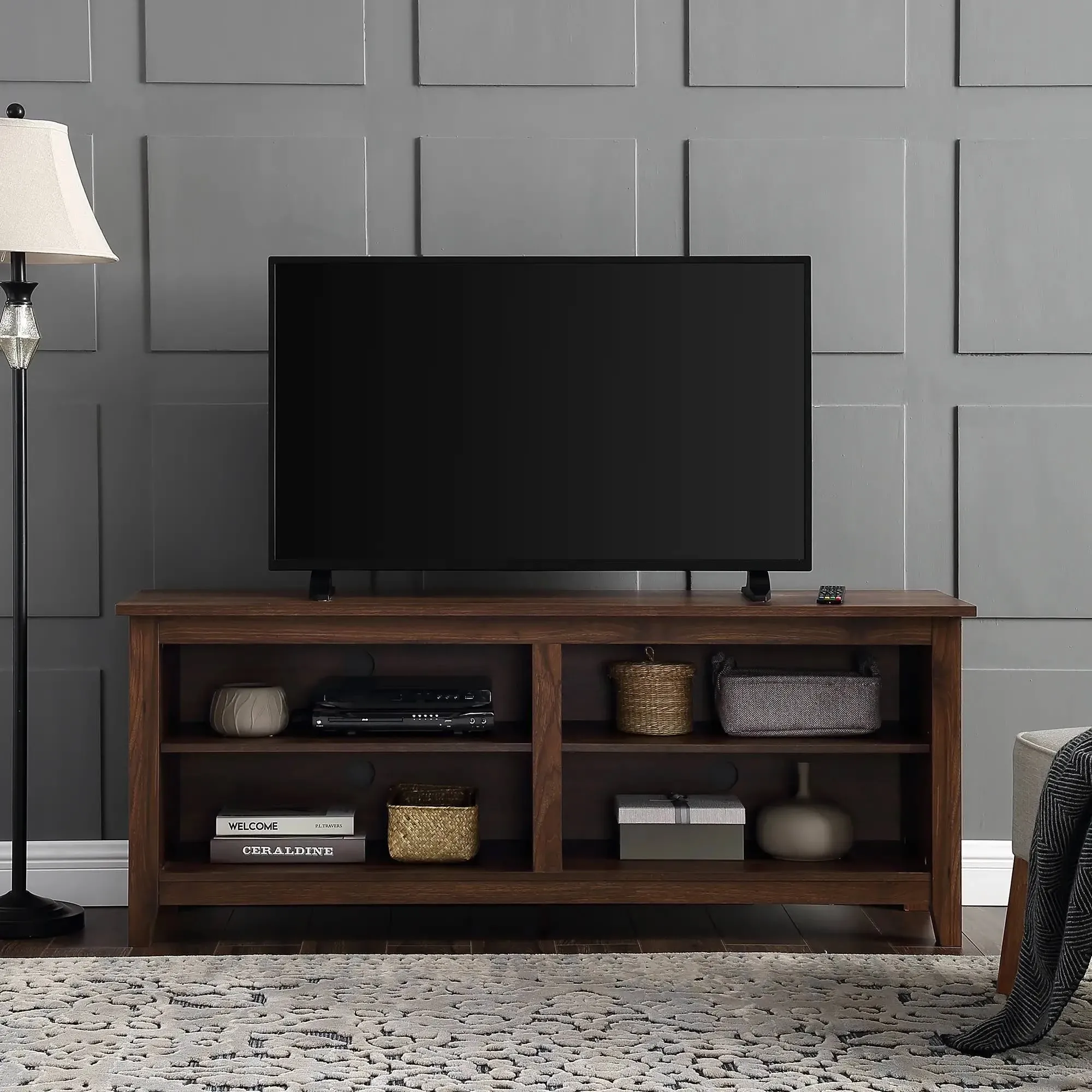 Walker Edison Wren Classic 4 Cubby TV Stand for TVs up to 65 Inches, 58 Inch, Charcoal