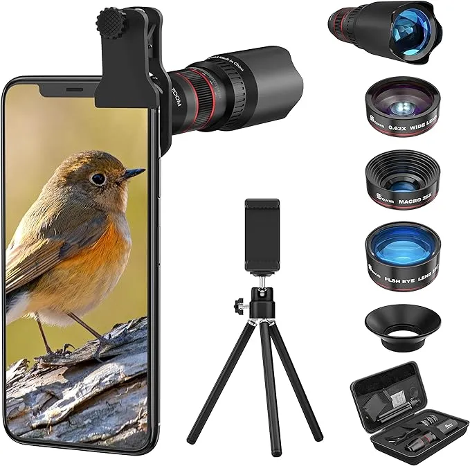 Selvim Phone Camera Lens Phone Lens Kit 4 in 1, 22X Telephoto Lens, 235° Fisheye Lens, 0.62X Wide Angle Lens, 25X Macro Lens, Compatible with iOS iPhone 10 8 7 6 6s Plus X XS XR Android Samsung -Black