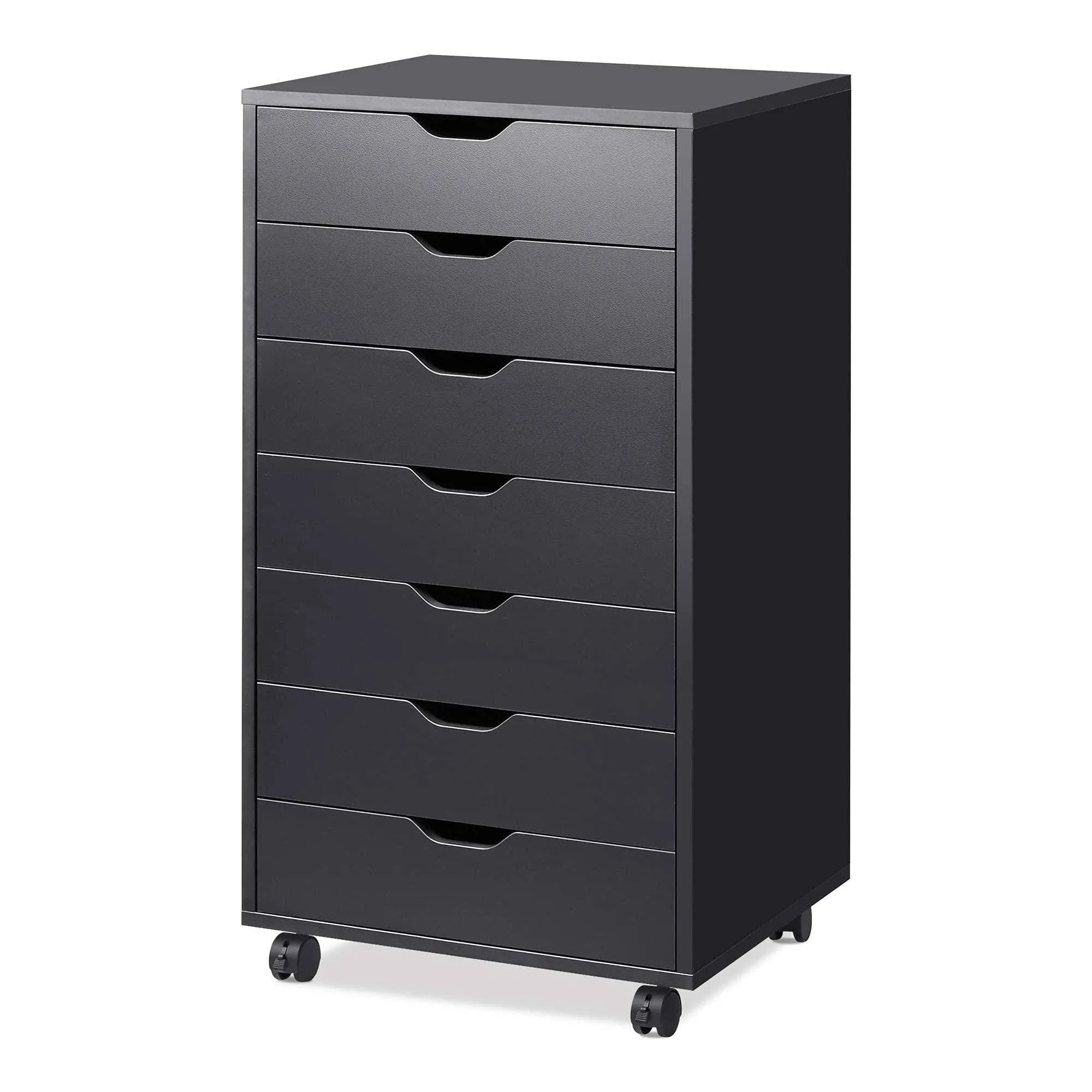 DEVAISE 7-Drawer Chest, Wood Storage Dresser Cabinet with Wheels, Black