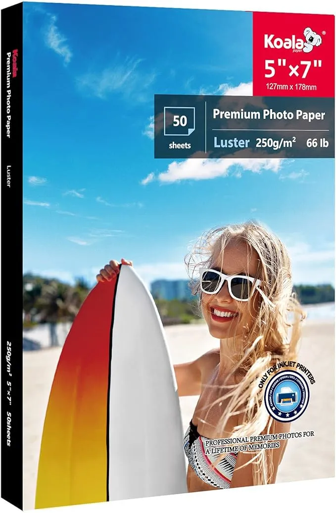 Koala Premium Photo Paper 5x7 In Luster Photo Printer Paper for Inkjet Printer Water-Resistant Soft Gloss 66lb 50 Sheets