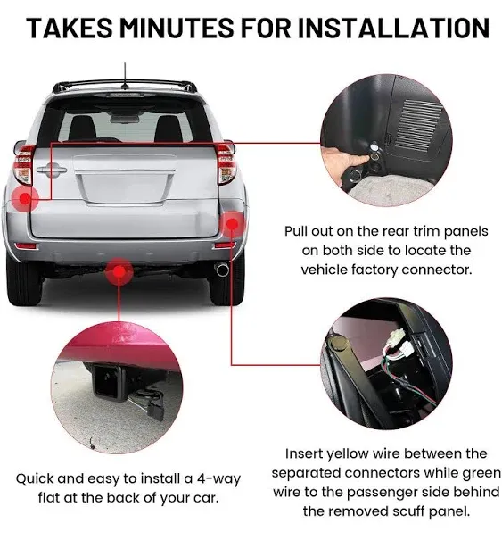 4 Pin Trailer Wiring Harness for 2006-2012 Toyota RAV4, ‎56165 T-Connector Hitch Wiring for Trailer Light Connect