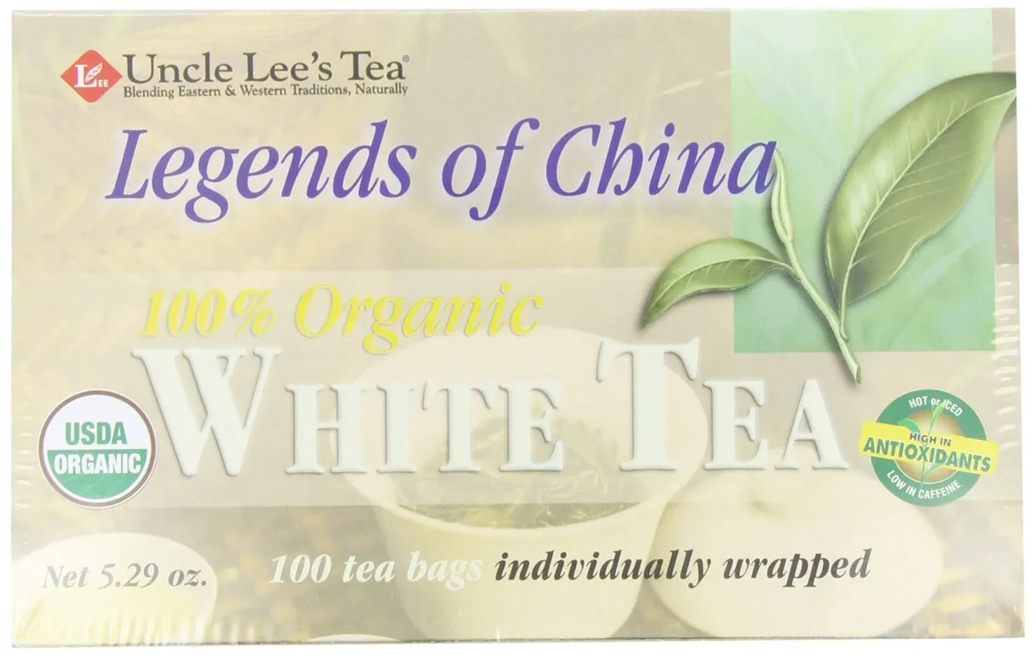 Uncle Lee's Tea Organic White Tea, Tea Bags, 100-Count Boxes Pack of 4