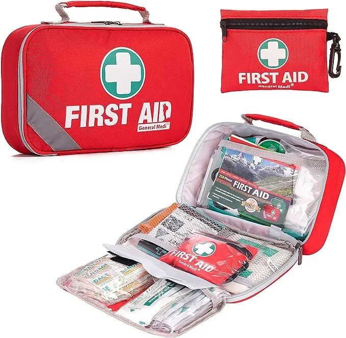 General Medi 2-in-1 First Aid Kit (215 Piece Set) + 43 Piece Mini First Aid Kit -Includes Ice(Cold) Pack, Moleskin Pad and Emergency Blanket for Travel, Home, Office, Car, Workplace