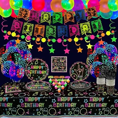 Glow Neon Party Supplies - Neon Balloon, Glow in the Dark Happy Birthday Banner, Hanging Swirls, Cake Topper, Tablecloth, Plates, Napkins, Cup for Blacklight Party Decorations, Serves 20 Guest