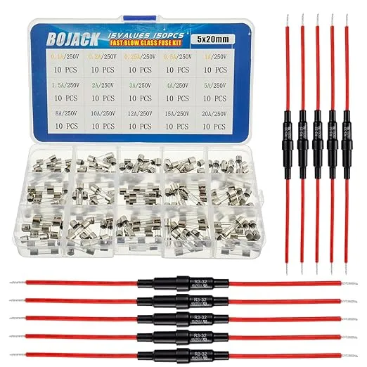 BOJACK 5x20 mm Fuse Holder Inline Screw Type with 16 AWG Red Wire + 15 Values 150 Pcs 5x20mm Fast Blow Glass Fuses 250 V 0.1 0.2 0.25 0.5 1 1.5 2 3 4 5 8 10 12 15 20 A Assortment Kit