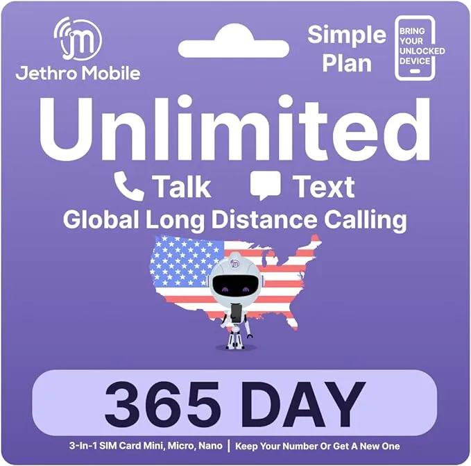 Jethro Mobile 1 Year Cell Phone Plan Unlimited Talk & Text Only, International Calling to Canada, Mexico, India and 80+ Countries, Prepaid Sim Card for Seniors & Kids | BYOP SIM Kit (1 Year)