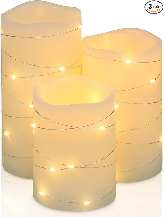 Flickering Flameless Candles Ivory Real Wax Pillar with Embedded String Light...