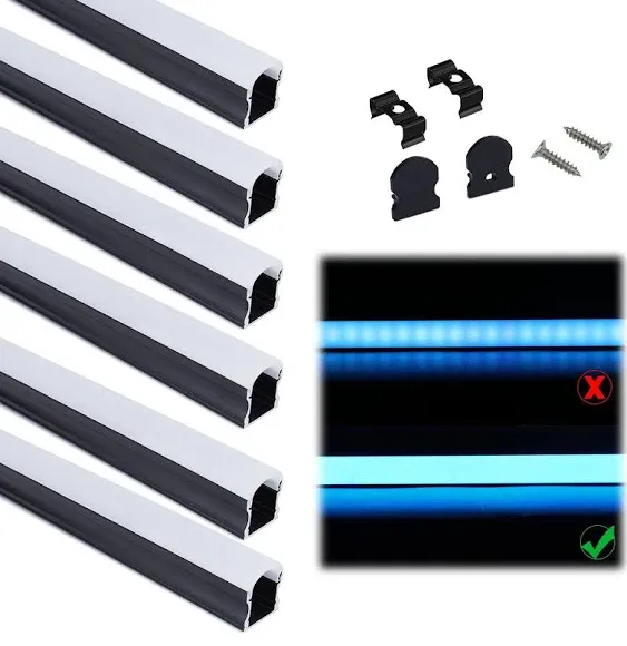 Muzata 6Pack 3.3ft/1m Excellent Spotless LED Channel System with Milky White Cover Black Aluminum U Shape LED Channel for LED Strip Lights U108 BW