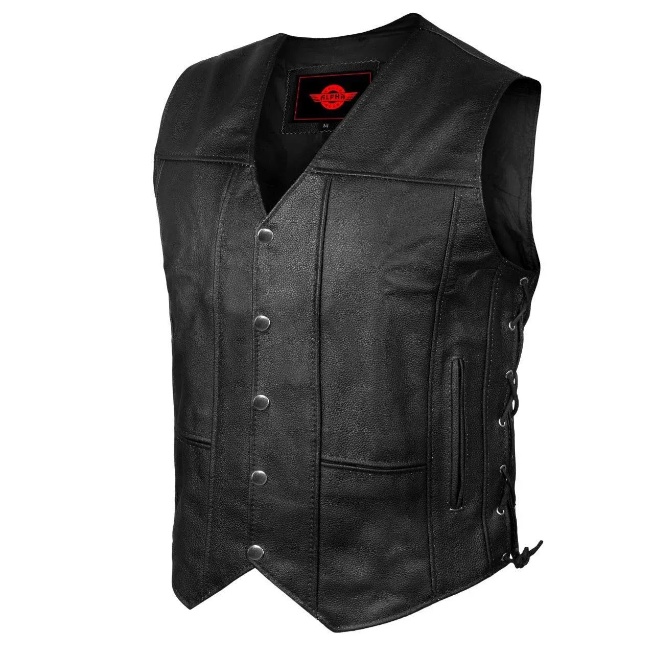 Alpha Leather Motorcycle Vest for Men Riding Club Black Biker Vests With Concealed Carry Gun Pocket Cruise Vintage