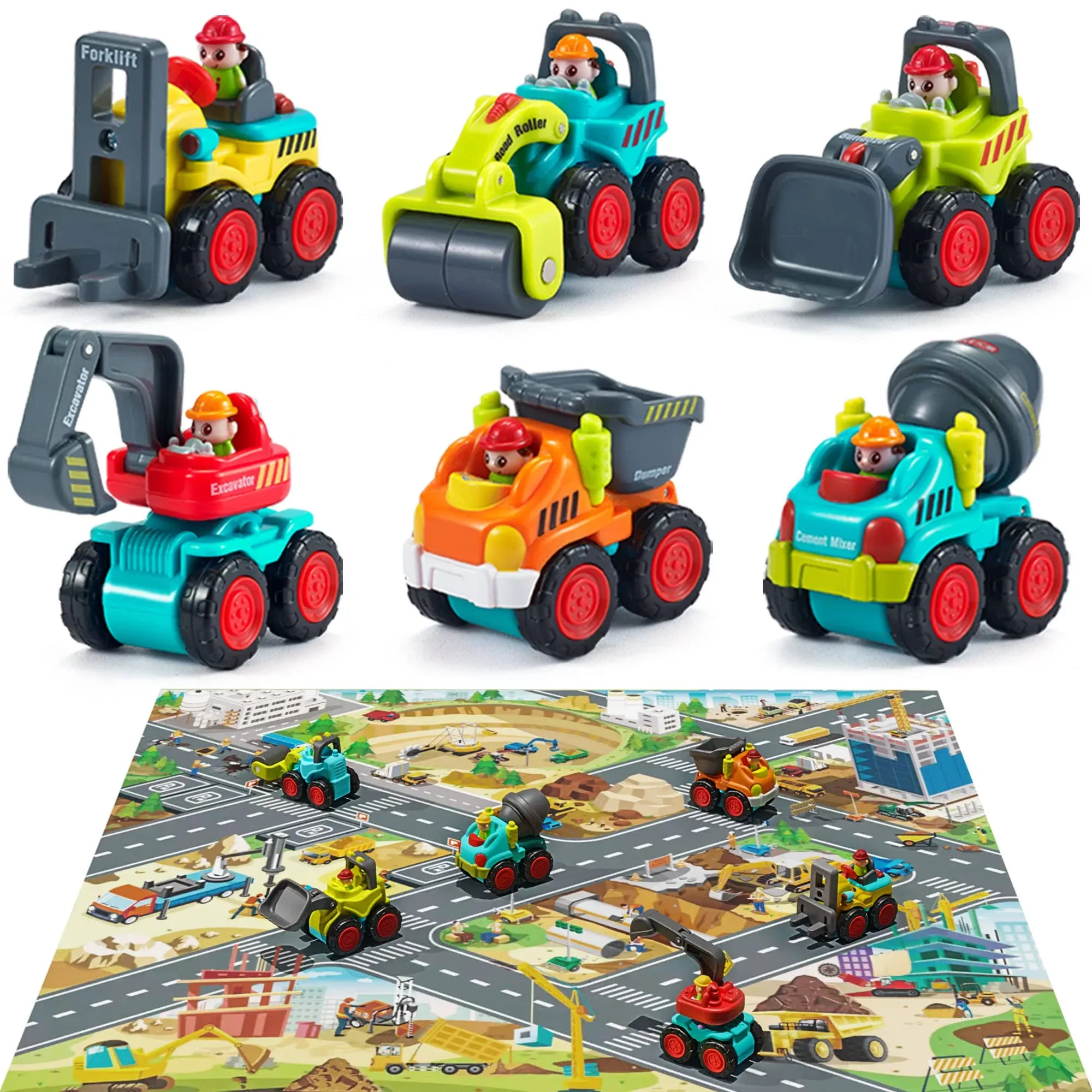 iPlay, iLearn Toddler Construction Toy Trucks, Baby Mini Push Go Cars w/Playmat ...