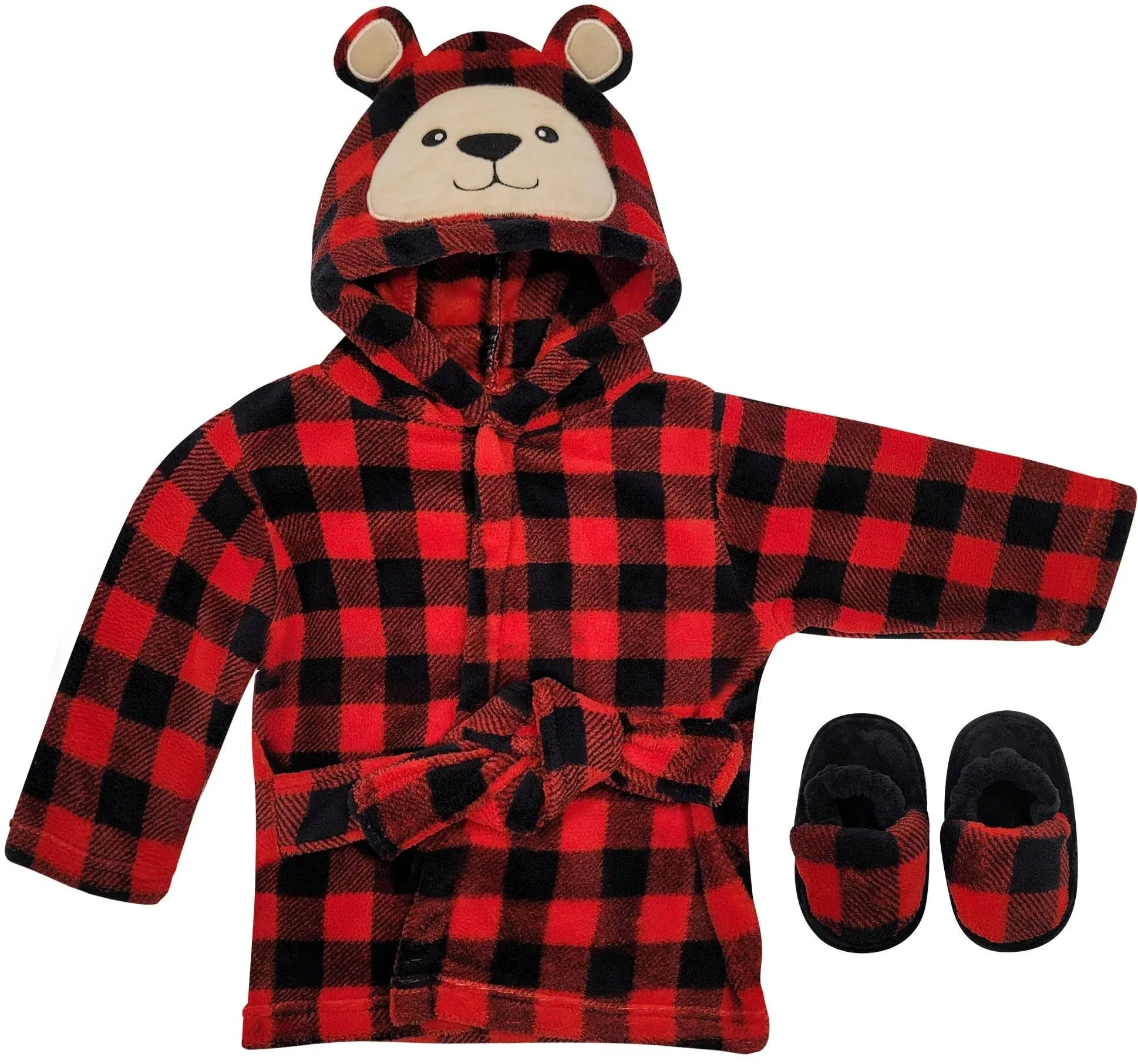 Baby Robe - Soft Plush Bath Towel Robe Spa Set - Baby Bathrobe Towel & Slippers for Boys + Turban for Girls Robe Set (Buffalo Plaid Bear, 0-9 Months)