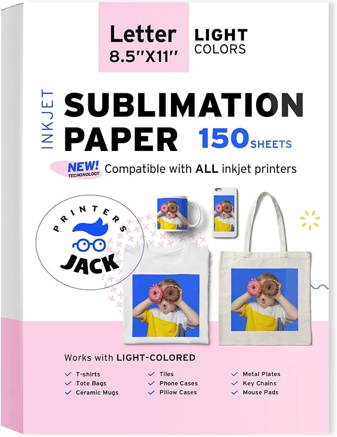 Printers Jack Sublimation Paper - 8.5 x 11 Inches, 100 Sheets 120gsm for Any Epson Sawgrass Inkjet Printer with Sublimation Ink, Heat Transfer Sublimation Paper for T-shirt, Mugs, Light Fabric