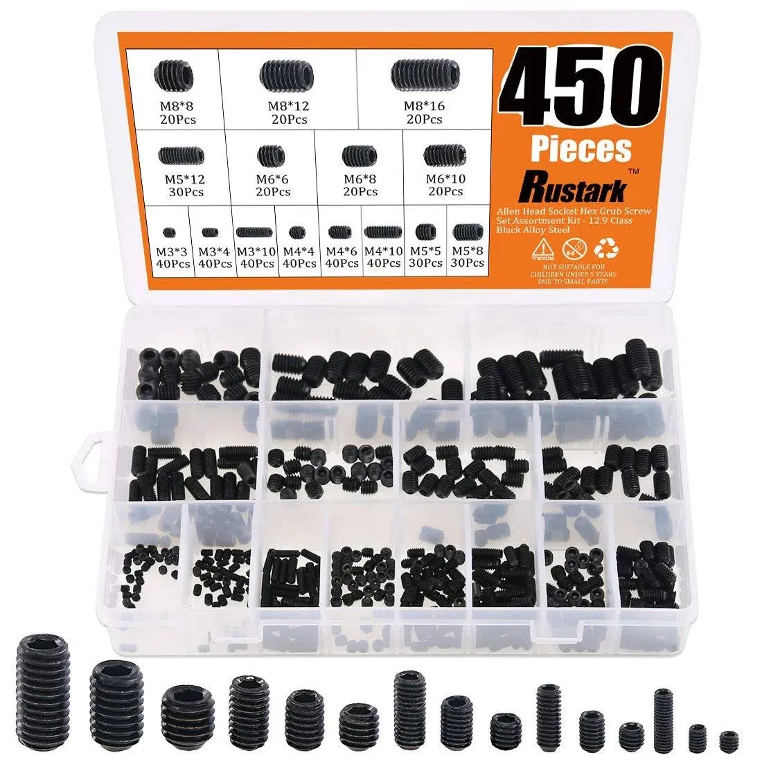 450pcs M3/m4/m5/m6/m8 Allen Head Socket Hex Grub Screw Set Assortment Kit With I