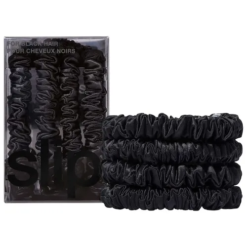 Slip Silk Skinny Scrunchies - Black - 100% Pure 22 Momme Mulberry Silk Scrunchies for Women - Hair-Friendly + Luxurious Elastic Scrunchies Set (4 Scrunchies)