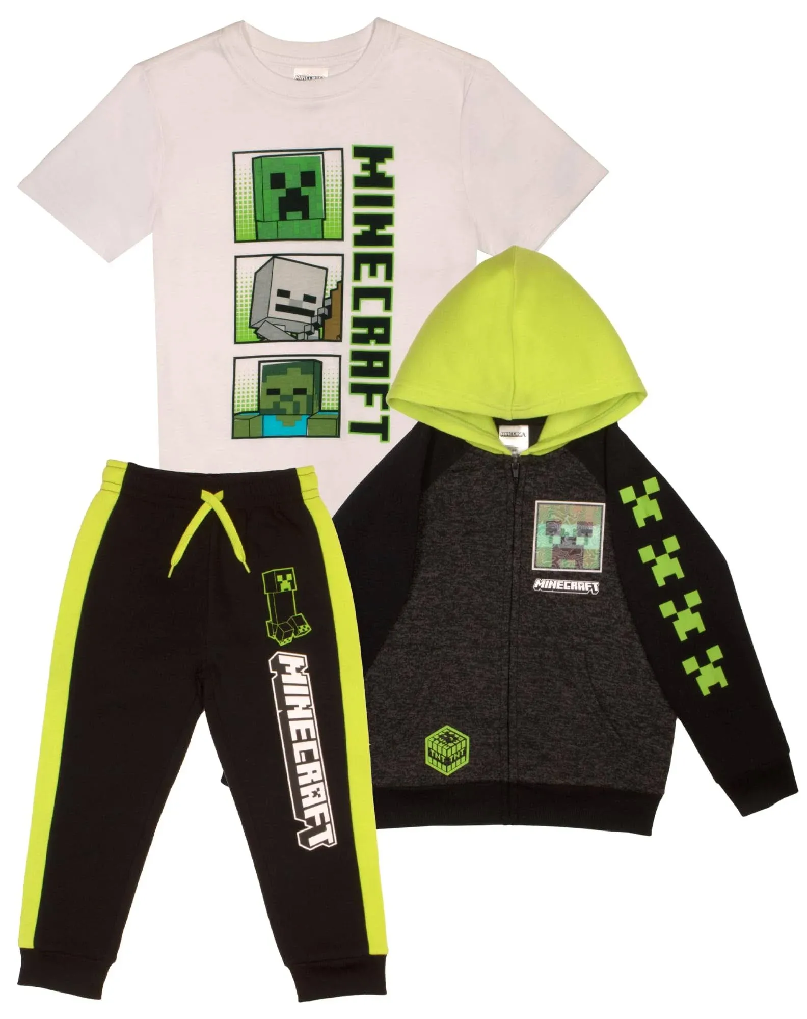 Minecraft Creeper Skeleton Zombie Zip Up Hoodie T-Shirt Sweatpants 3 Piece Set (Size 4-16)