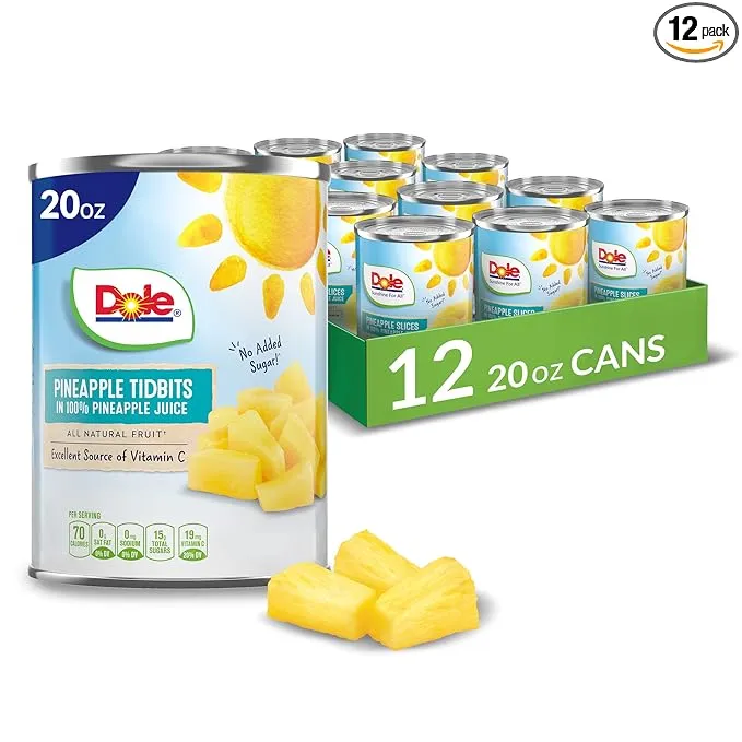 Dole Canned Fruit, Pineapple Tidbits in 100% Pineapple Juice, Gluten Free, Pantry Staples, 20 Oz, 12 Count